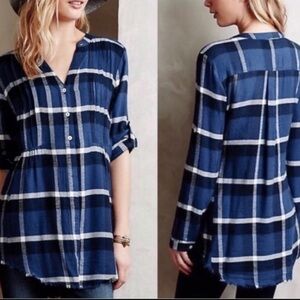 Anthropologie Holding Horses Size 2 Blue Plaid Flannel Tunic Top